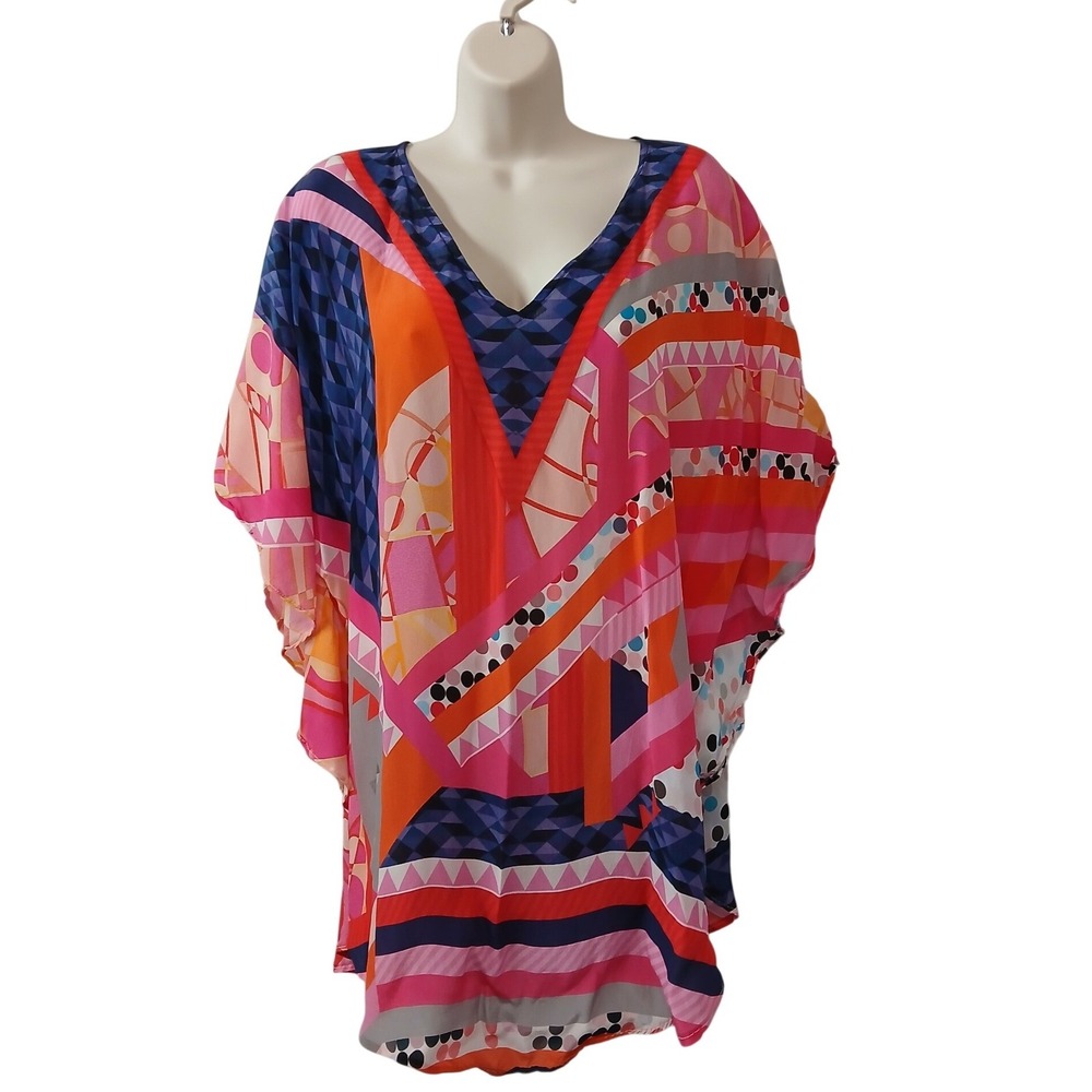 Charlie Paige Geometric Abstract Print Kaftan‎ Top V-Neck OS Pink Orange Resort